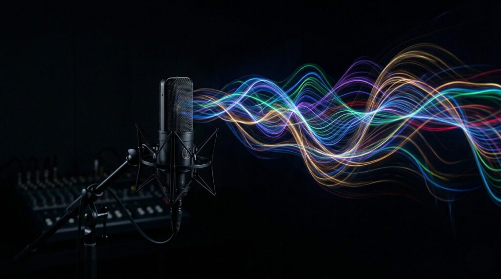 マイクから広がる音波のアーティスティックなイメージ
