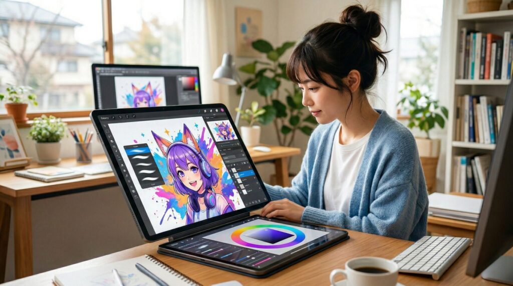 タブレットでアーティストアバターをデザインしている様子