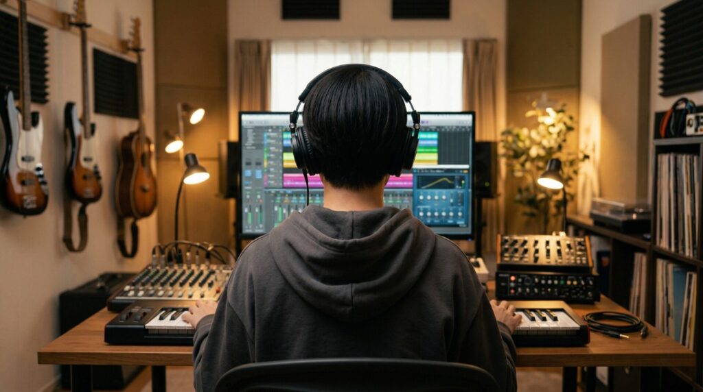 後ろ姿だけが見えるホームスタジオの人物