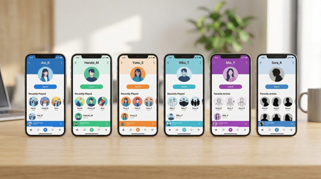 イラストやシルエットのアーティストプロフィールが並ぶ配信画面