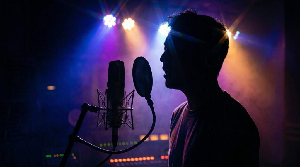 顔が見えないシルエットでマイクに向かって歌う人物