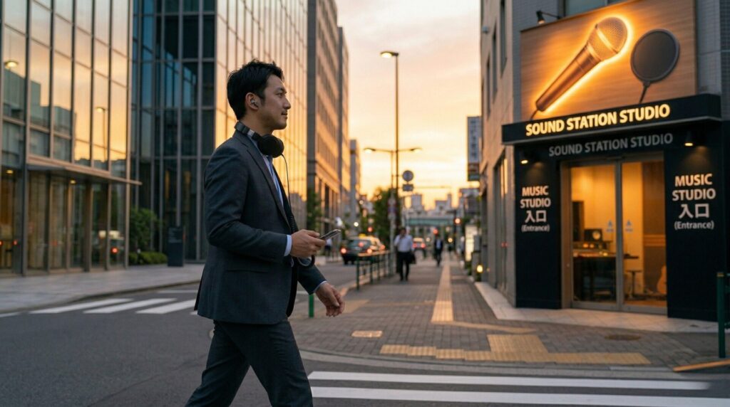 オフィスからスタジオへ向かう人物の後ろ姿