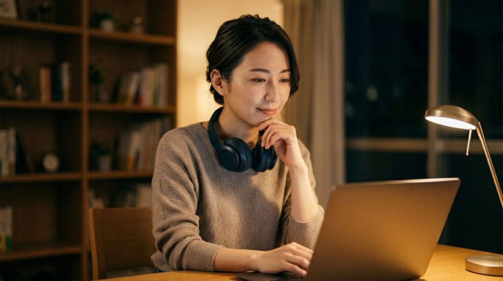 30代の社会人が夜にヘッドホンをかけて音楽について調べている