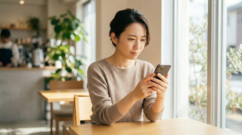 スマホでオーディション情報を調べる30代女性