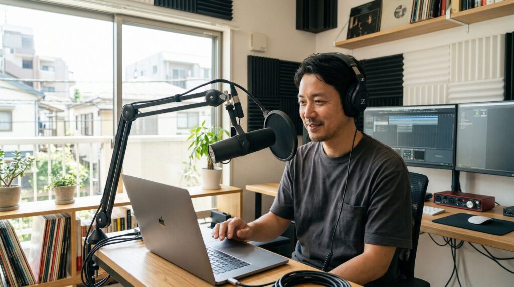 自宅でレコーディング環境を整える40代男性