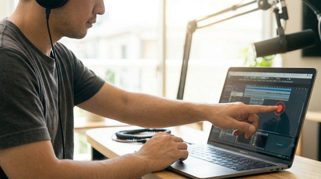 レコーディングを始めようとヘッドホンをつける手元