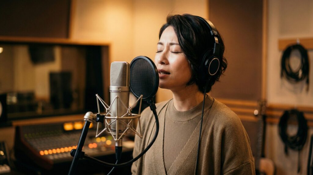 40代女性がレコーディングスタジオで情熱的に歌う様子