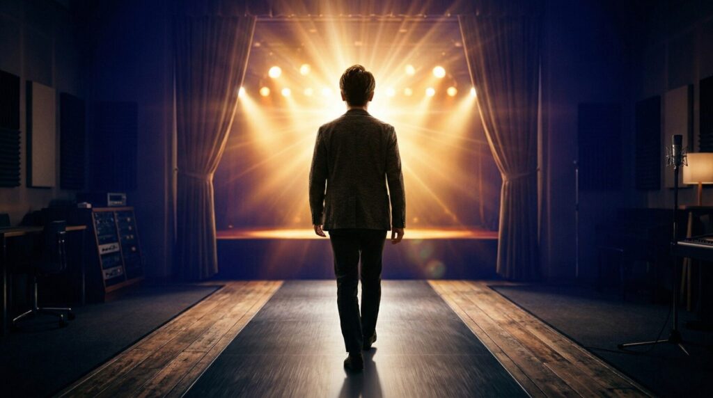 ステージに向かって歩き出す30代の人物のシルエット