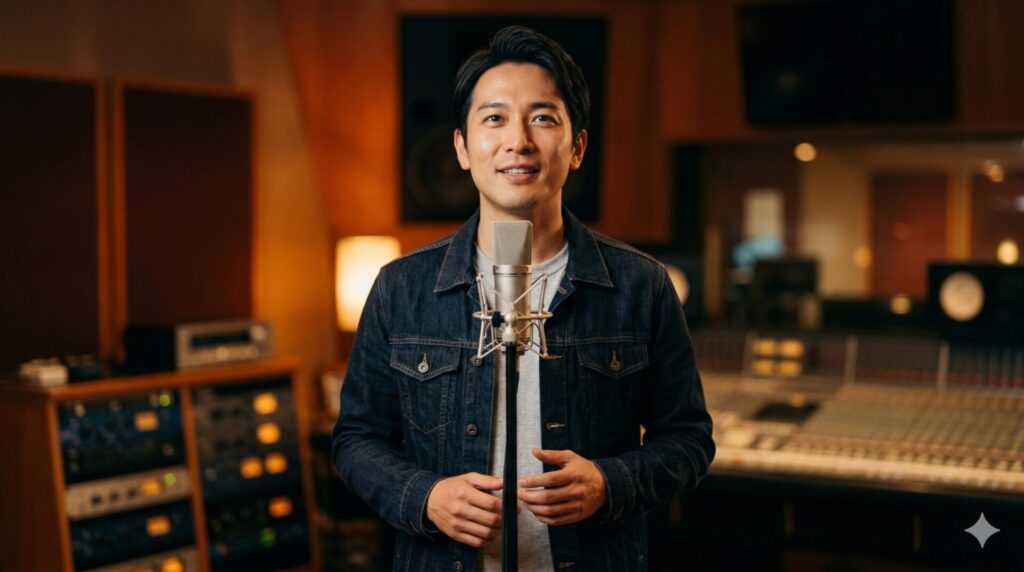 30代男性がレコーディングスタジオでマイクの前に立つ様子
