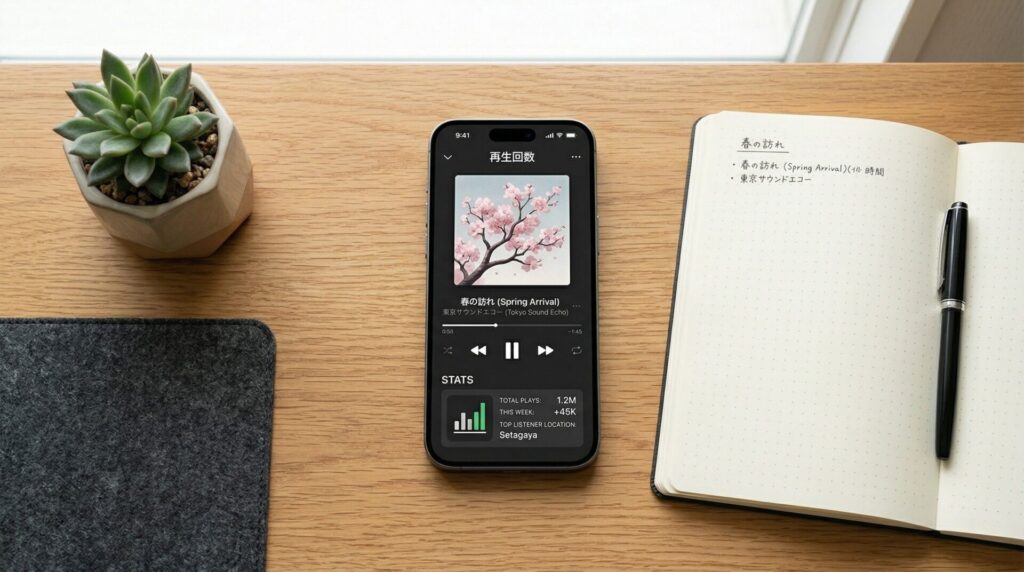 音楽配信アプリの再生画面が表示されたスマホ