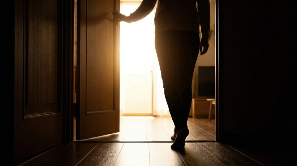 明るい光が差し込む開かれたドア