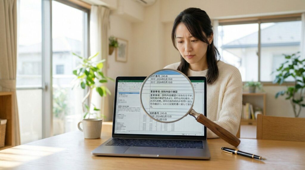 パソコン画面を虫眼鏡で調べるイメージ