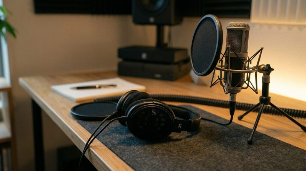 デスクの上のヘッドホンとマイク