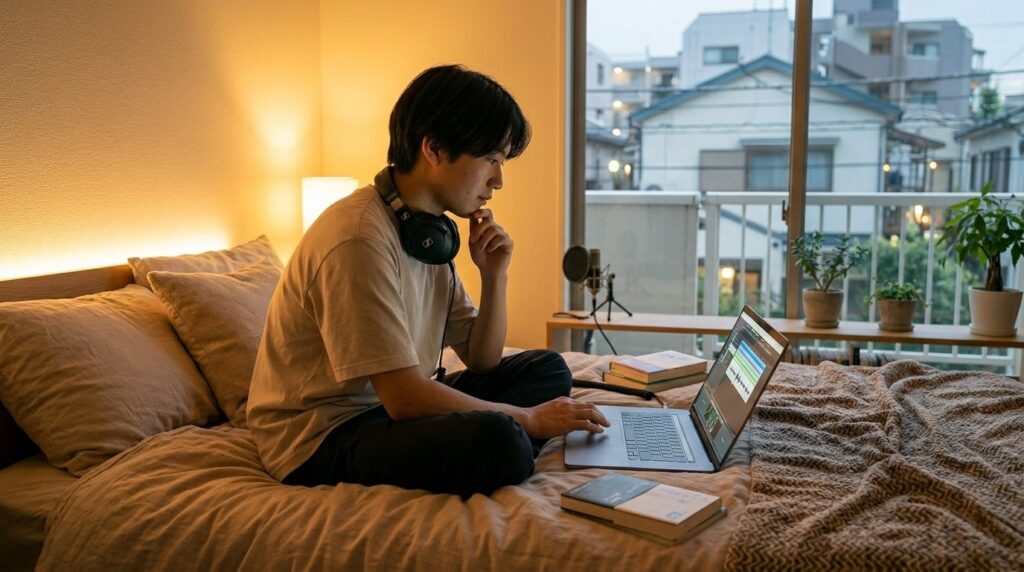 ベッドの上でPCを開きながら考え込む若者