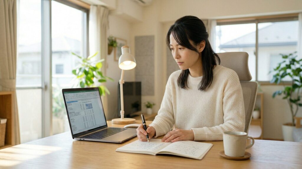 パソコンとノートを使ってオーディションについてリサーチする人