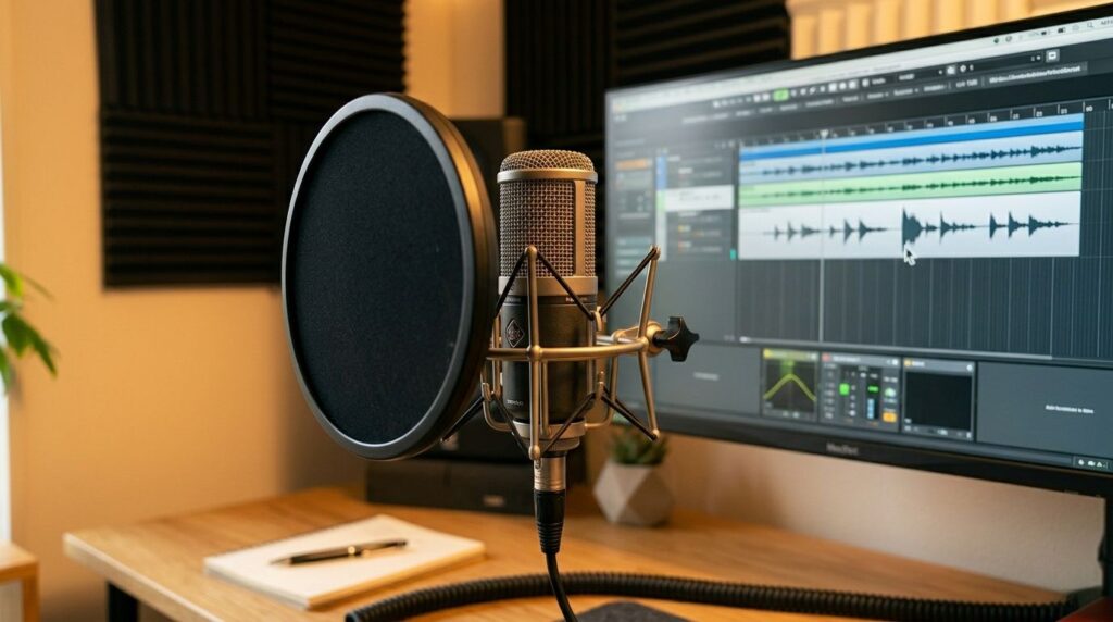 ホームスタジオのマイクと音声波形が映るモニター